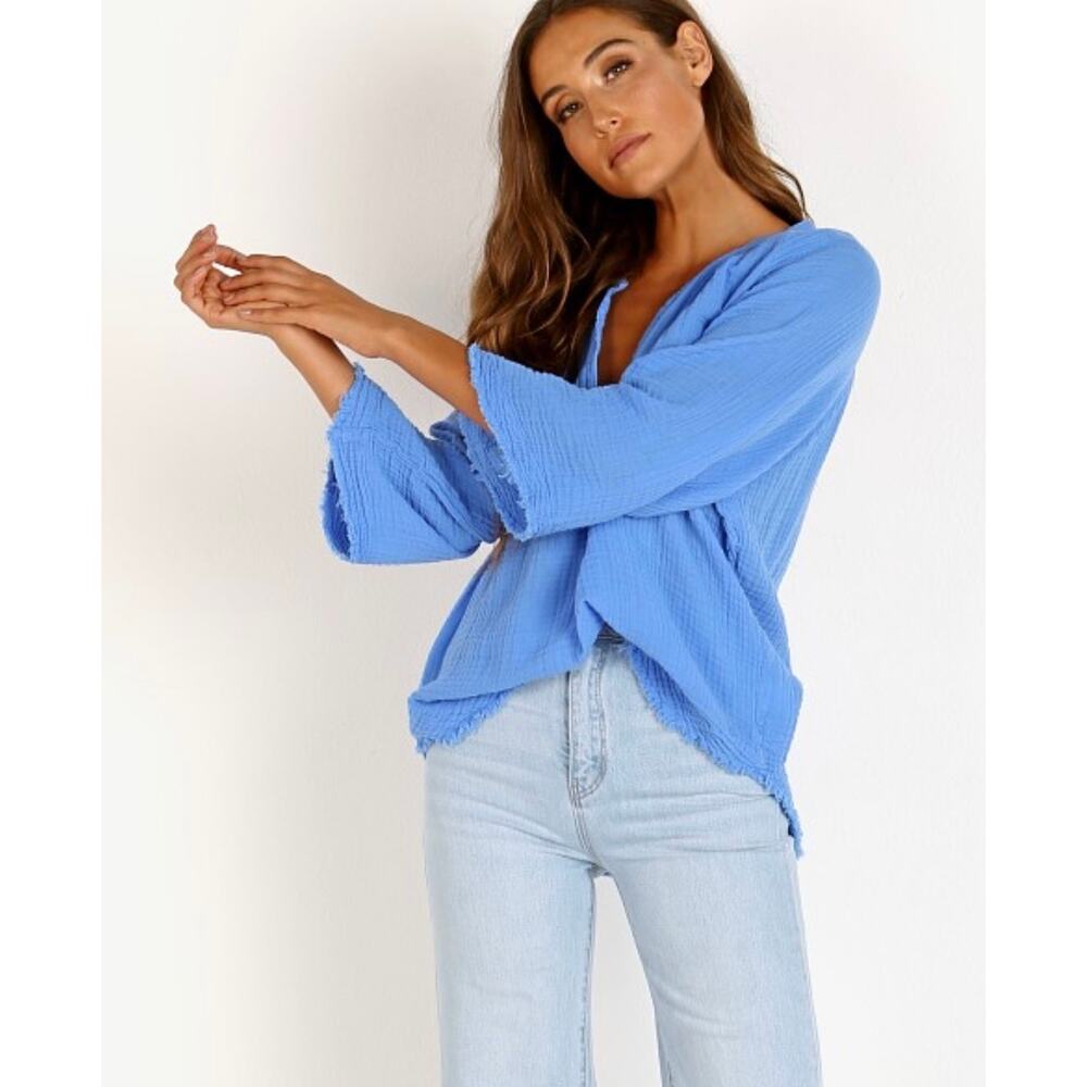 9 Seed Marrakesh Dashiki Tunic Crystal Top Shirt Cheesecloth Medium Large Blue